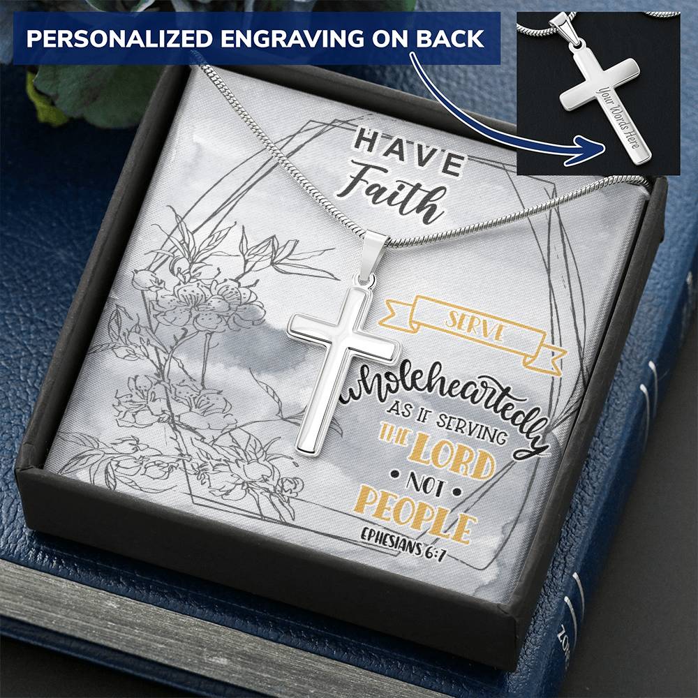 Dad To Son Gifts - Wholeheartedly As If Serving The Lord Not People Customize Engraved Cross Necklace