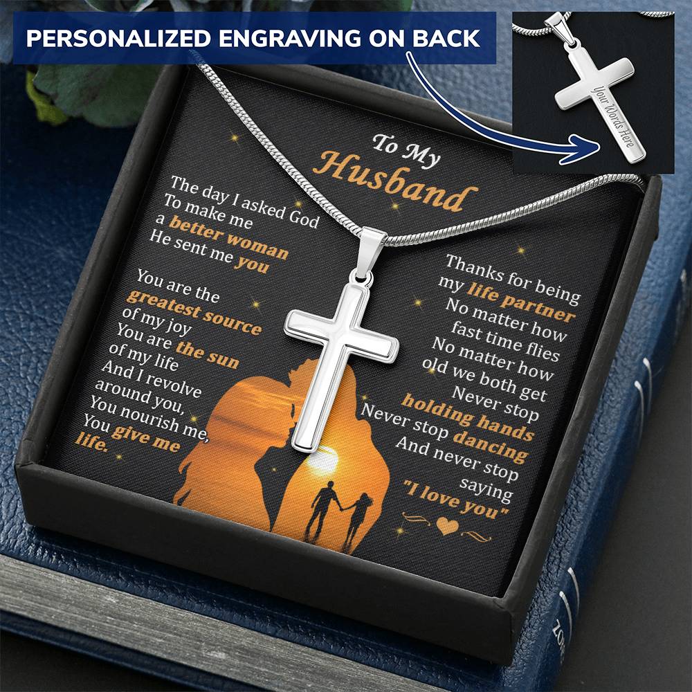 For Husband - Time Flies - Cross Customize Engraved Cross Necklace
