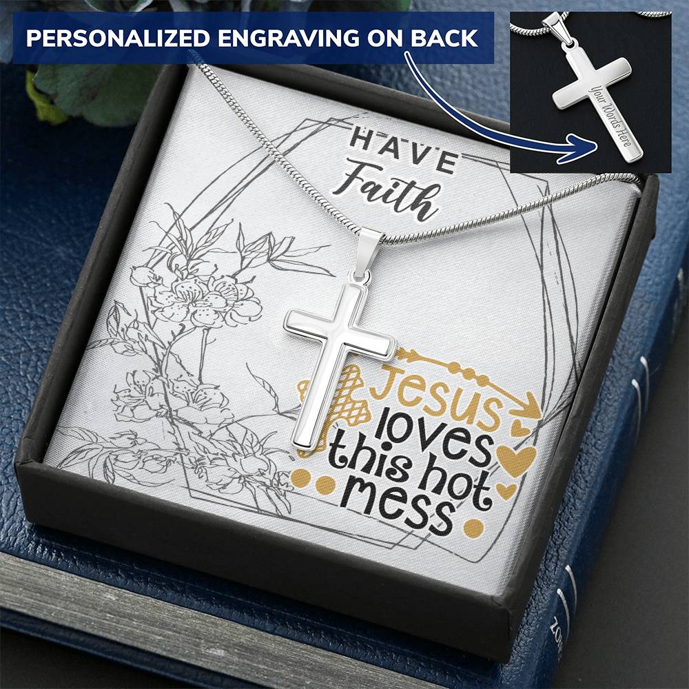 Dad To Son Gifts Cross Necklace Chain Bible Verse - Jesus Loves This Hot Mess Customize Engraved Cross Necklace