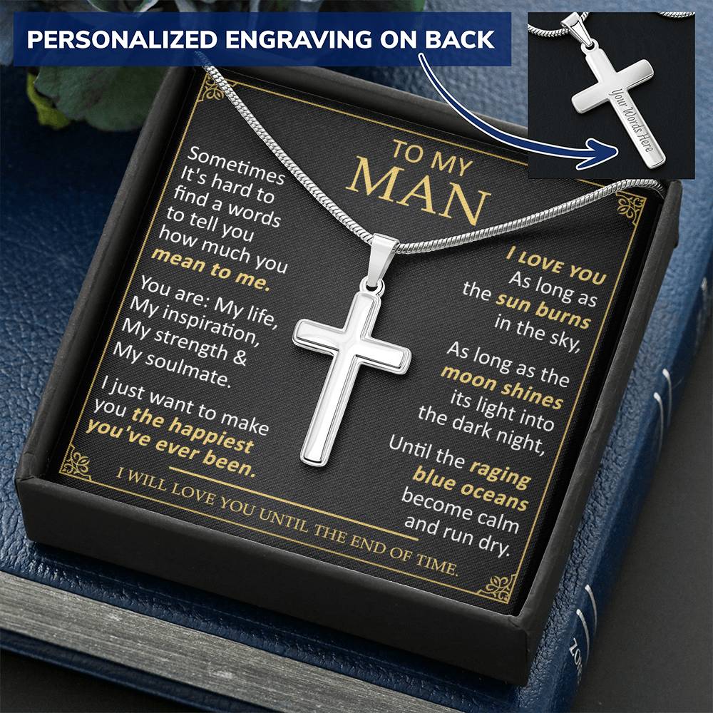 For Your Man - Blue Oceans - Cross Customize Engraved Cross Necklace