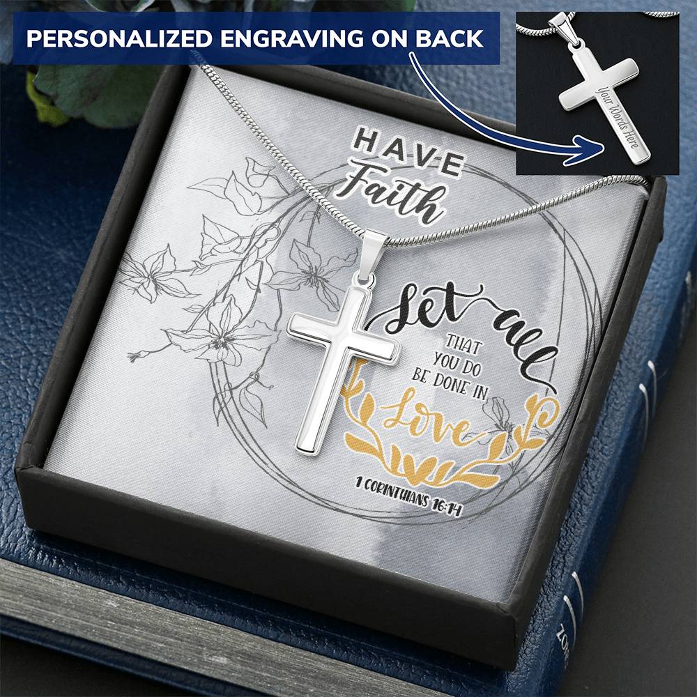 Dad To Son Gifts - Let All That You Do Be Done In Love Customize Engraved Cross Necklace