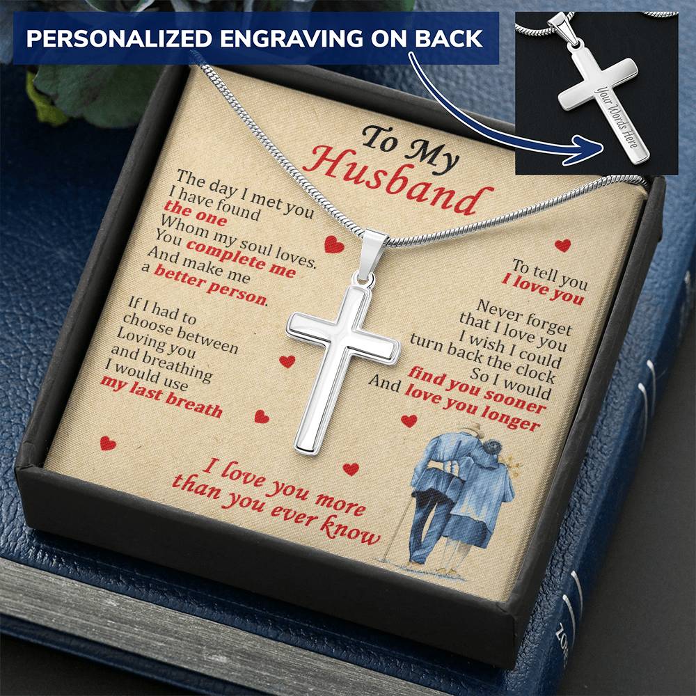 For Husband - Loving You And Breathing - Cross Customize Engraved Cross Necklace