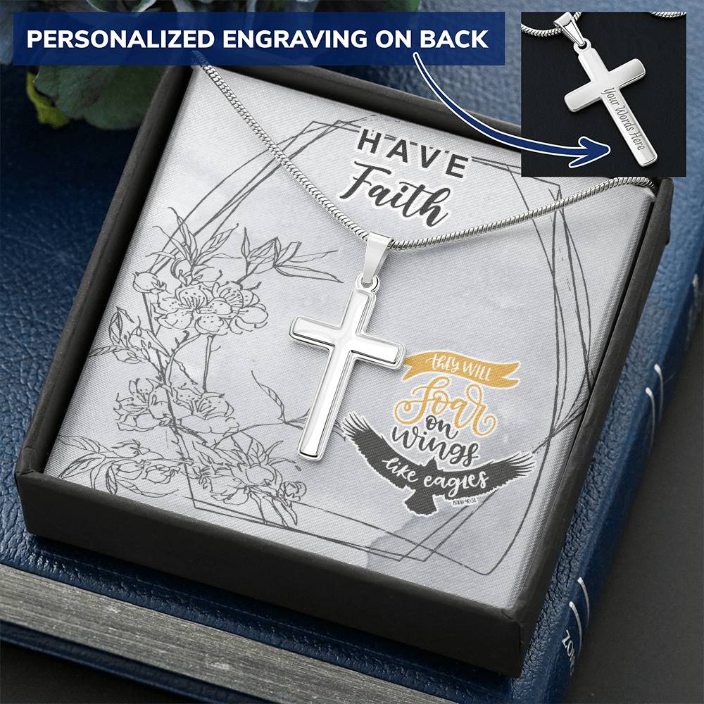 Dad To Son Gifts - They Will Soar On Wings Like Eagles Customize Engraved Cross Necklace