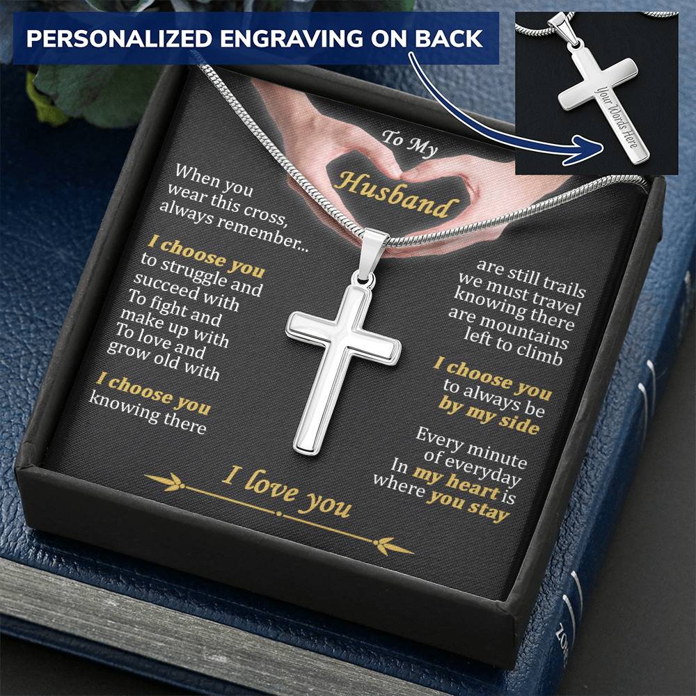 For Husband - My Heart Is Where You Stay - Cross Customize Engraved Cross Necklace