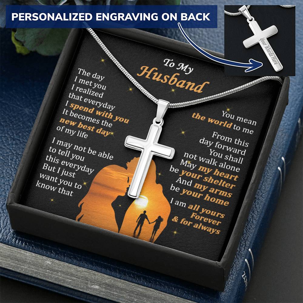 For Husband - Best Day Of My Life - Cross Customize Engraved Cross Necklace