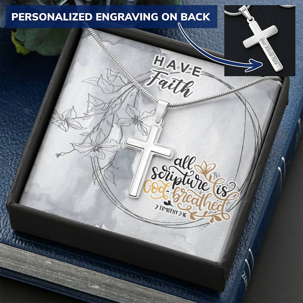 Dad To Son Gifts - All Scripture Is God Breathed Customize Engraved Cross Necklace