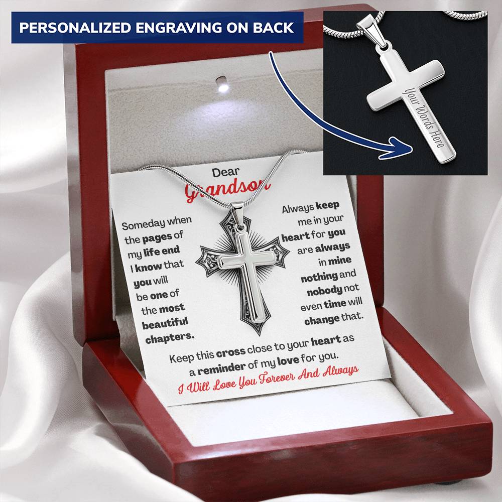 Dear Grandson Cross Necklace Customize Engraved Cross Necklace