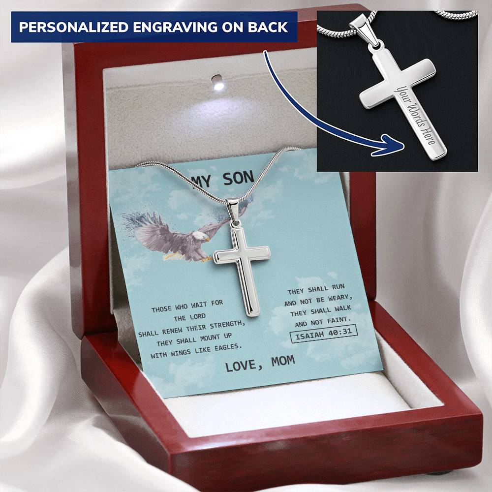 Eagle Cross For Son - Love Mom Customize Engraved Cross Necklace
