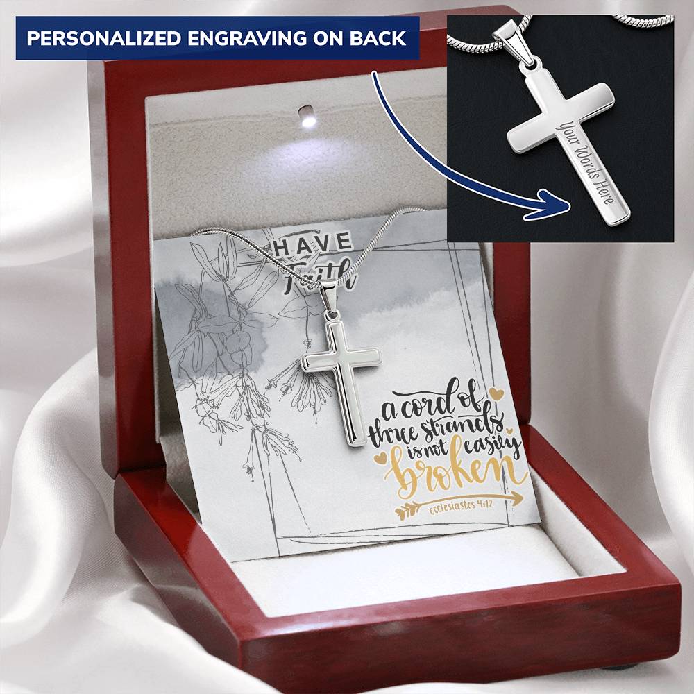 Dad To Son Gifts - A Cord Of Three Strands Is Not Easily Broken Customize Engraved Cross Necklace