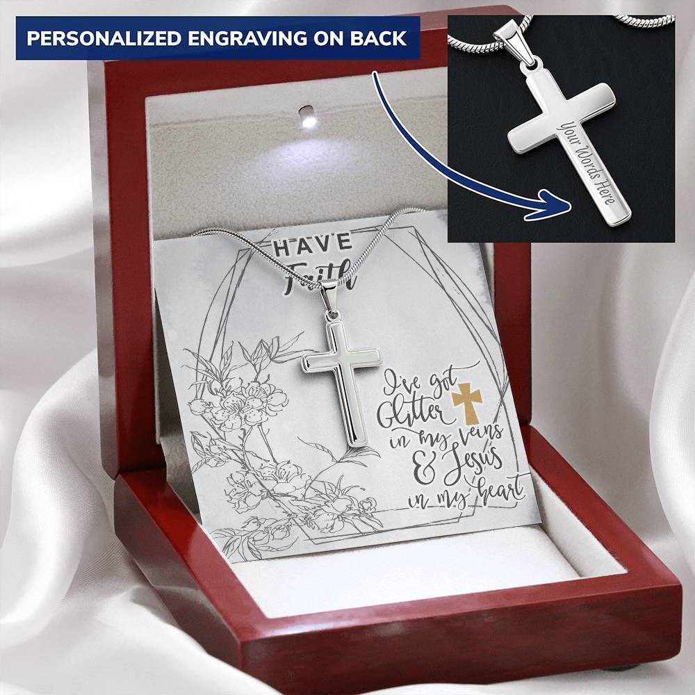 Dad To Son Gifts Cross Necklace Chain Bible Verse - I've Got Glitter In My Veins & Jesus In My Heart Customize Engraved Cross Necklace