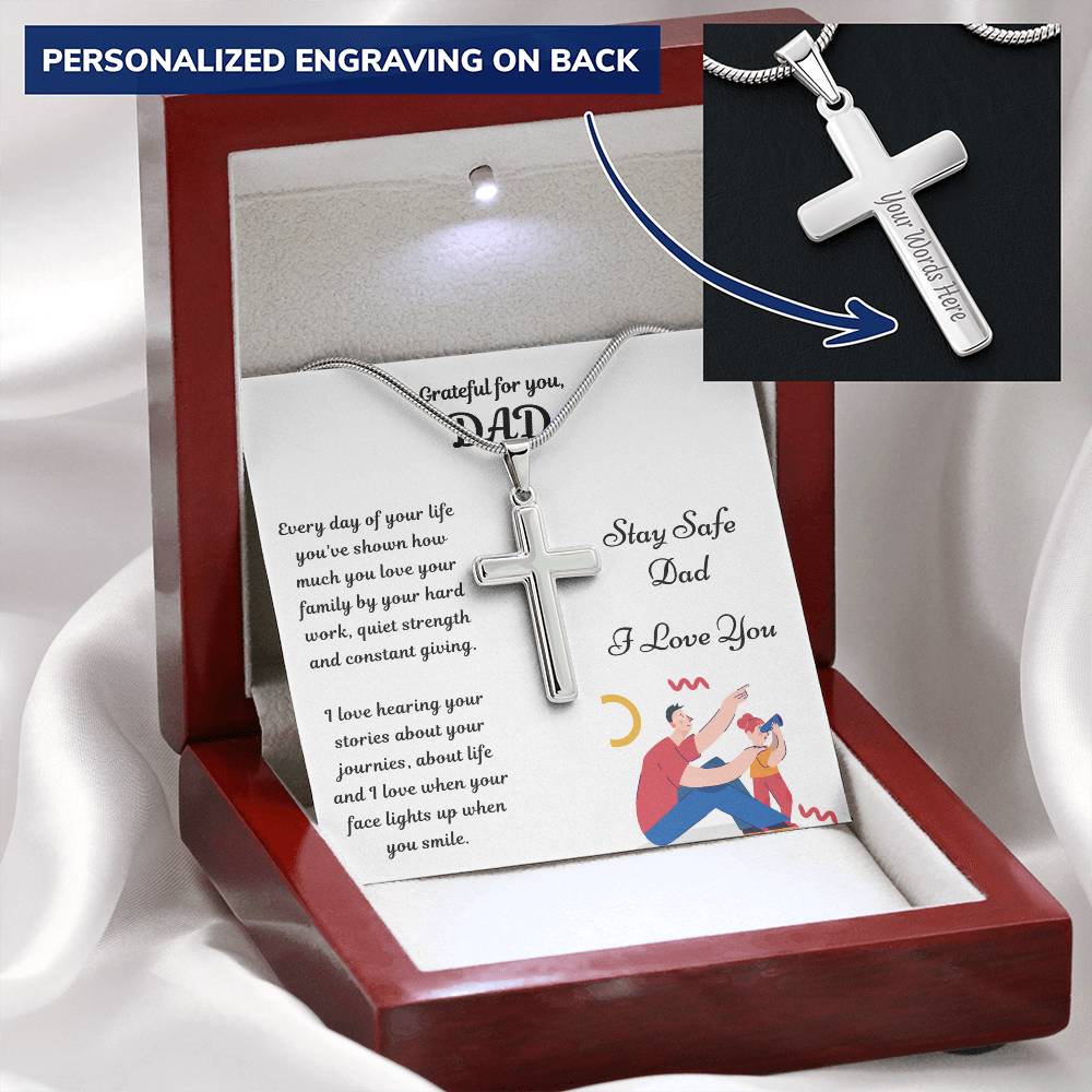 Cross Necklace Gift - Stay Safe Dad Customize Engraved Cross Necklace
