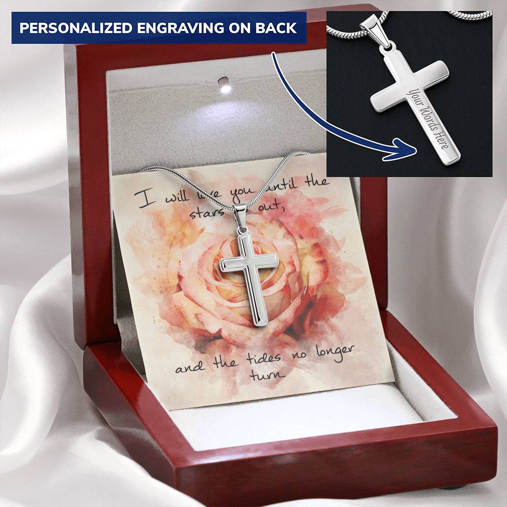 Cross Necklace - Engravable - Pink Rose Message Card Customize Engraved Cross Necklace