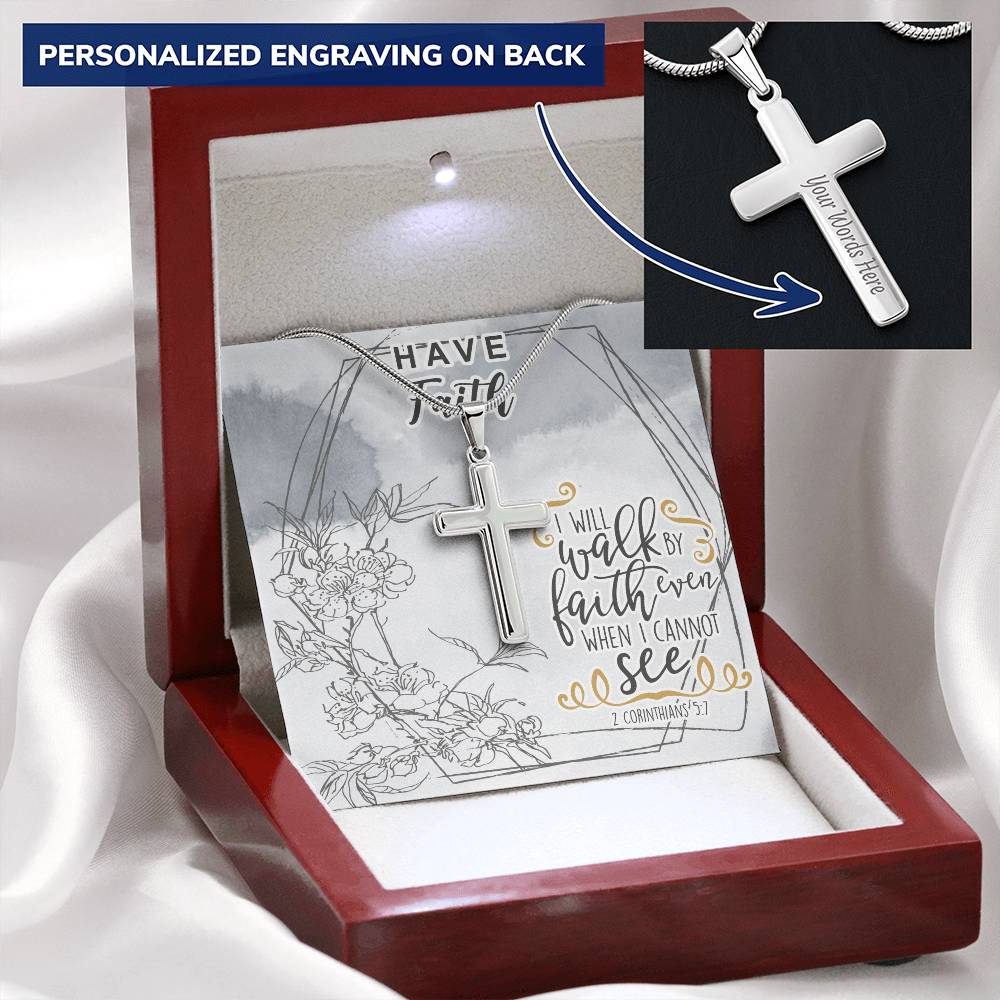 Dad To Son Gifts Cross Necklace Chain Bible Verse - I Will Walk By Faith Even When I Cannot See Customize Engraved Cross Necklace