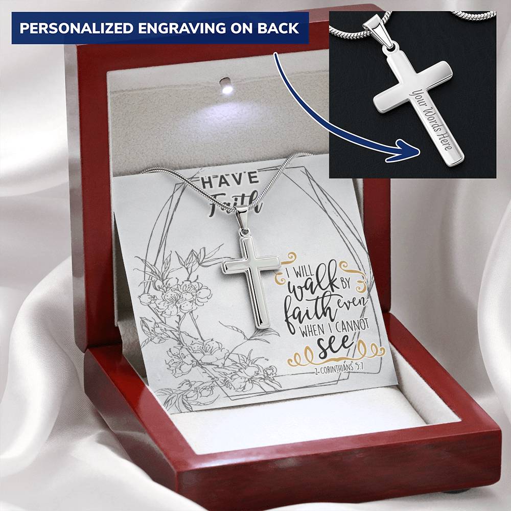 Dad To Son Gifts - I Will Walk By Faith Even When I Cannot See Customize Engraved Cross Necklace