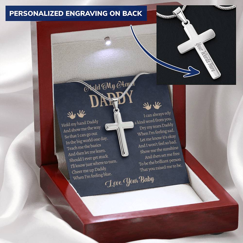 Fathers Day Gift From Baby Customize Father Gift From Baby Hold My Hand Daddy Gift Daddy Customize Engraved Cross Necklace