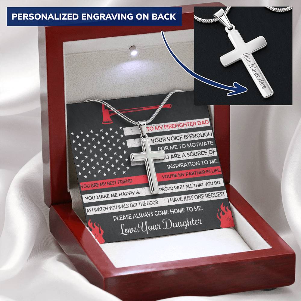 Firefighter Dad Gift- Father's Day Gift For Firefighter- Firefighter Dad Cross Necklace Customize Engraved Cross Necklace