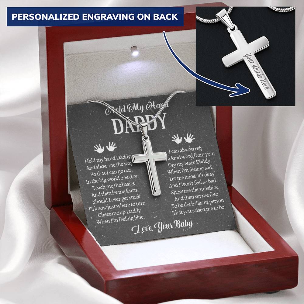 Fathers Day Gift From Baby Customize Father Gift From Baby Hold My Hand Daddy Gift Customize Engraved Cross Necklace