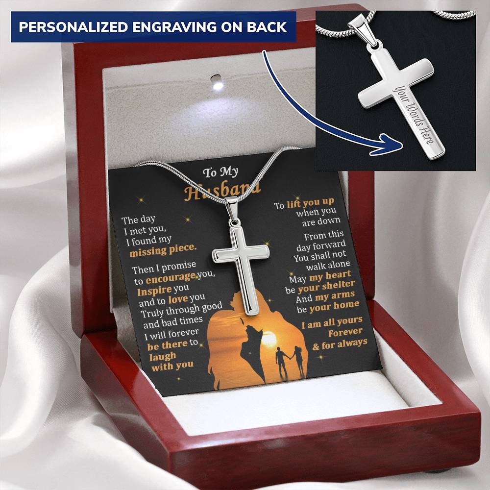 For Husband - Shall Not Walk Alone - Cross Customize Engraved Cross Necklace