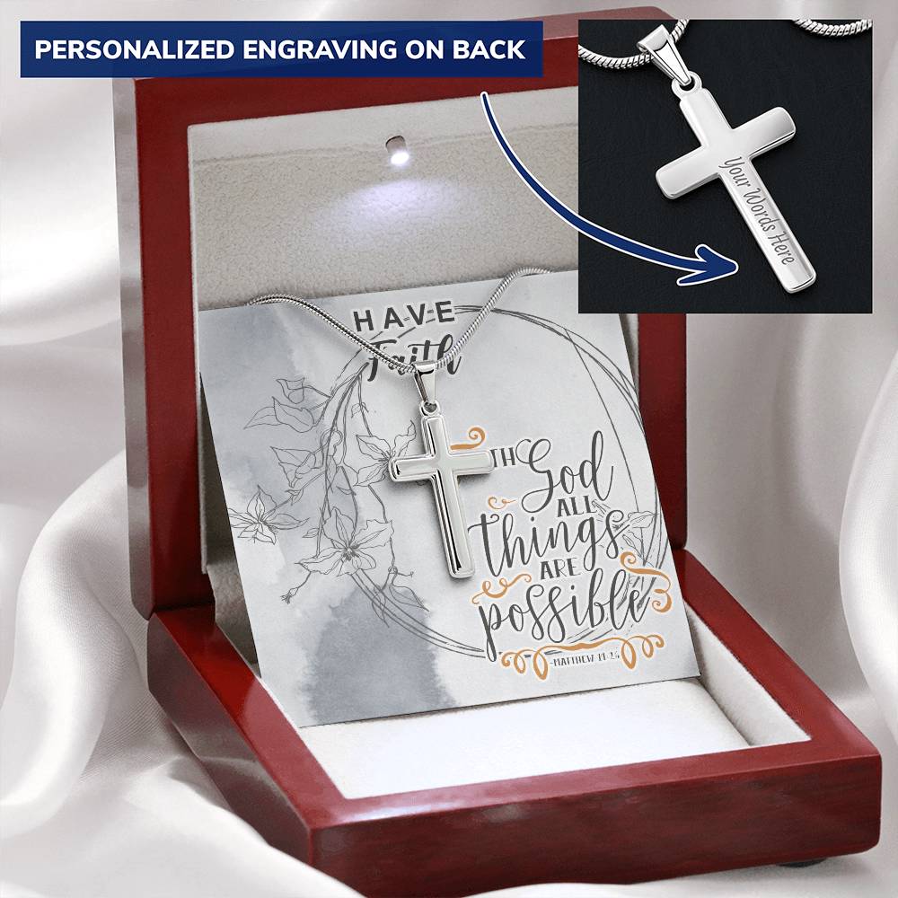 Dad To Son Gifts - With God All Things Are Possible Customize Engraved Cross Necklace