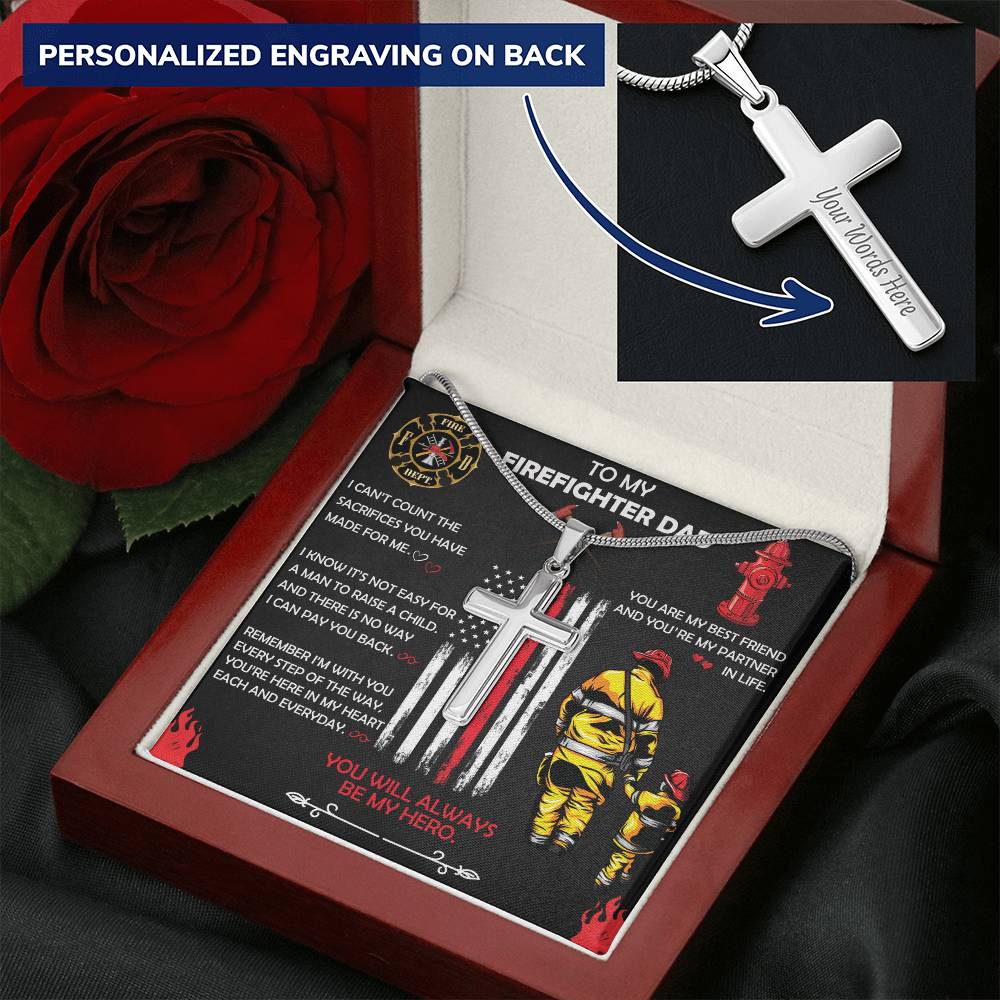 Firefighter Dad Gift- Father's Day Gift For Firefighter- Firefighter Gift- Firefighter Cross Necklace Customize Engraved Cross Necklace