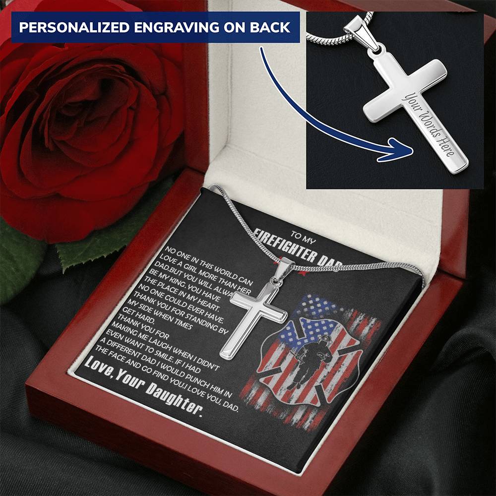 Firefighter Dad Gift-Firefighter Dad Cross Necklace-Father's Day Gift For Firefighter Customize Engraved Cross Necklace