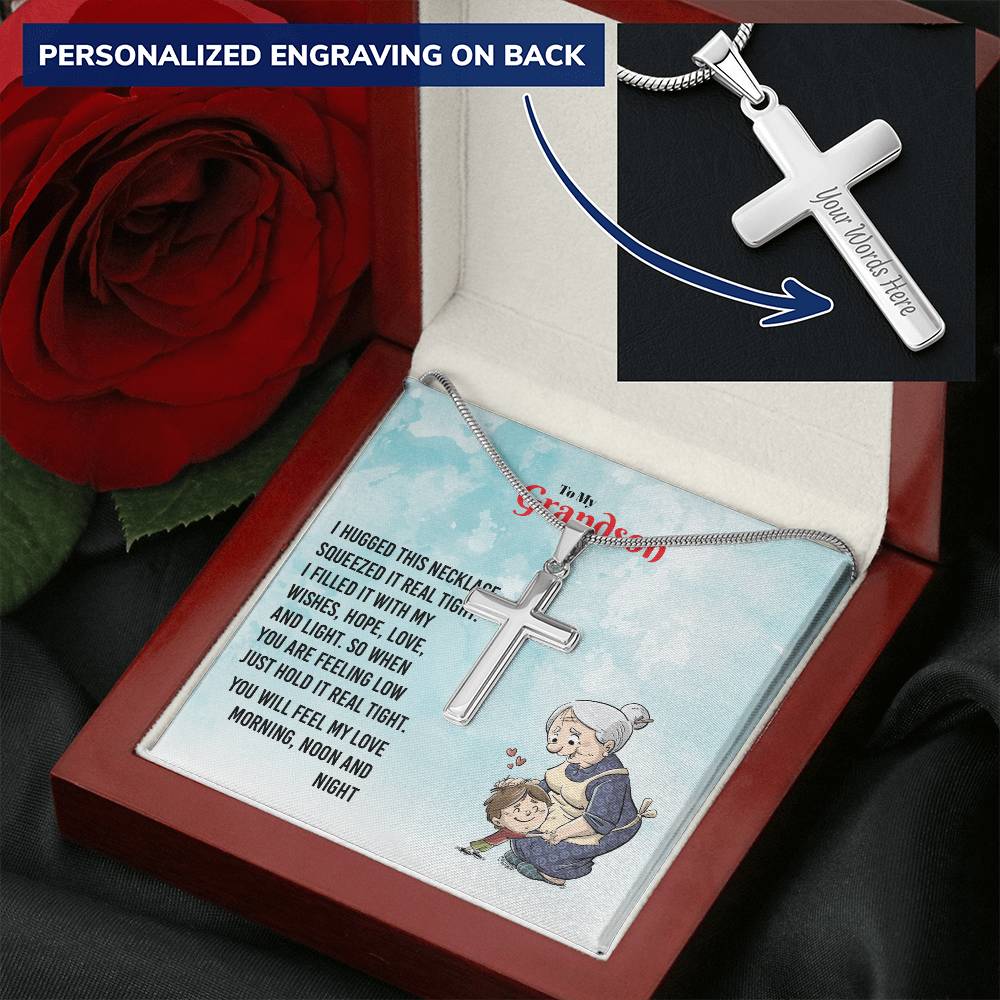 To My Grandson - You Will Feel My Love Cross Necklace Customize Engraved Cross Necklace