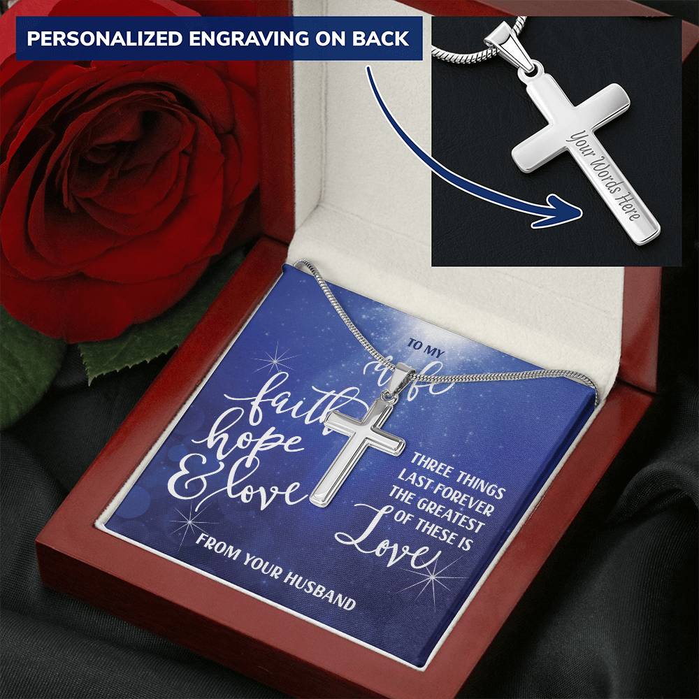 Customizable To My Wife Necklace- Faith Hope And Love Customize Engraved Cross Necklace