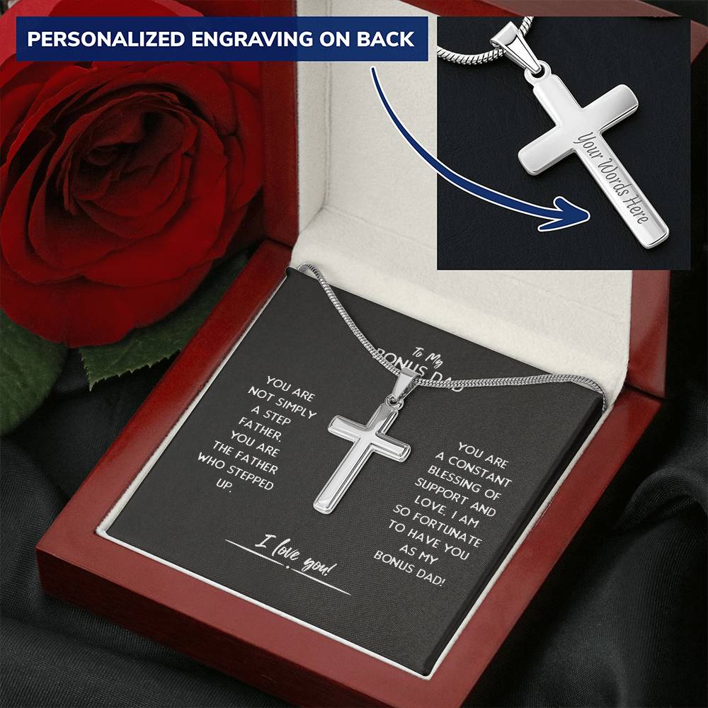 Bonus Dad Cross Necklace Gift For Stepdad Customize Engraved Cross Necklace