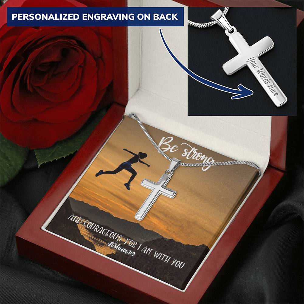Cross Necklace Be Strong & Courageous Joshua 19 Bible Verse Customize Engraved Cross Necklace