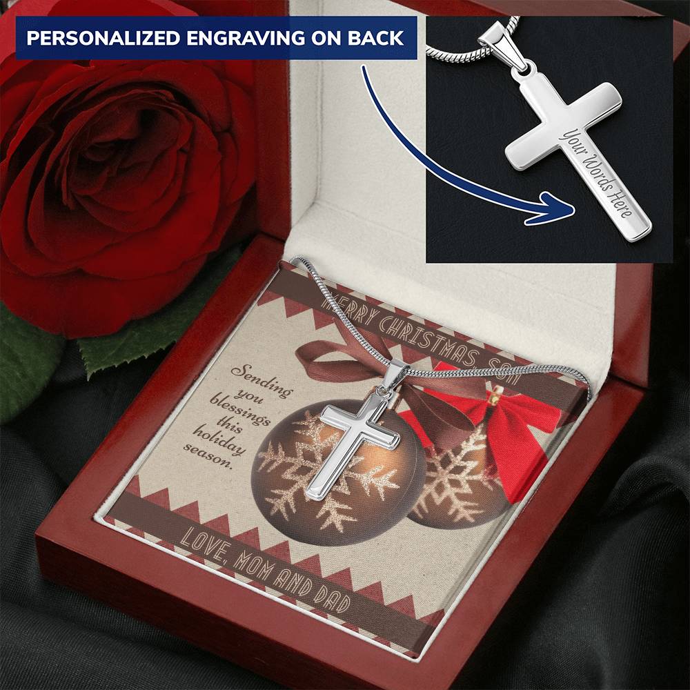Christmas Blessings To Son Customize Engraved Cross Necklace From Mom And Dad Customize Engraved Cross Necklace