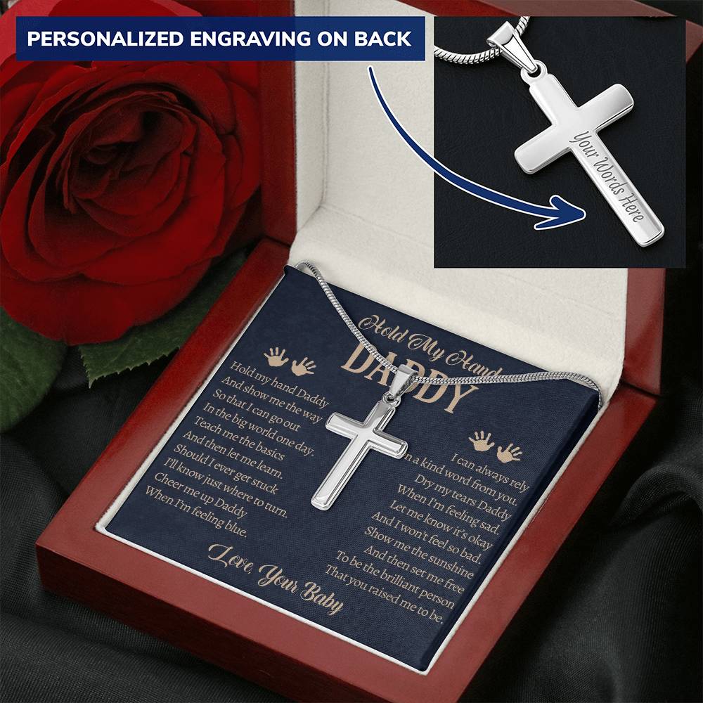 Fathers Day Gift From Baby Customize Father Gift From Baby Hold My Hand Daddy Gift Daddy Customize Engraved Cross Necklace