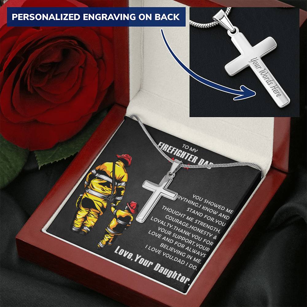 Firefighter Gift- Firefighter Cross Necklace- Father's Day Gift For Firefighter Customize Engraved Cross Necklace
