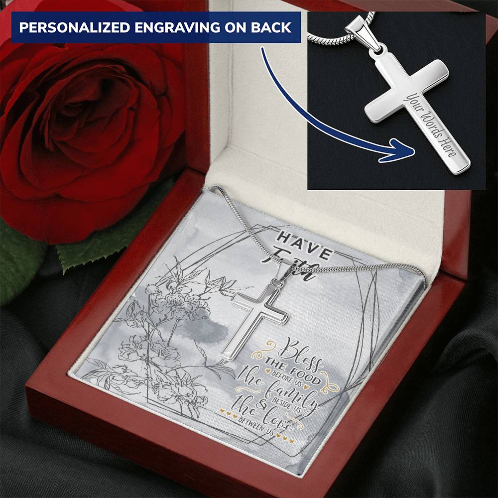 Dad To Son Gifts - Bless The Food Before Us The Family Beside Us & The Love Between Us Customize Engraved Cross Necklace