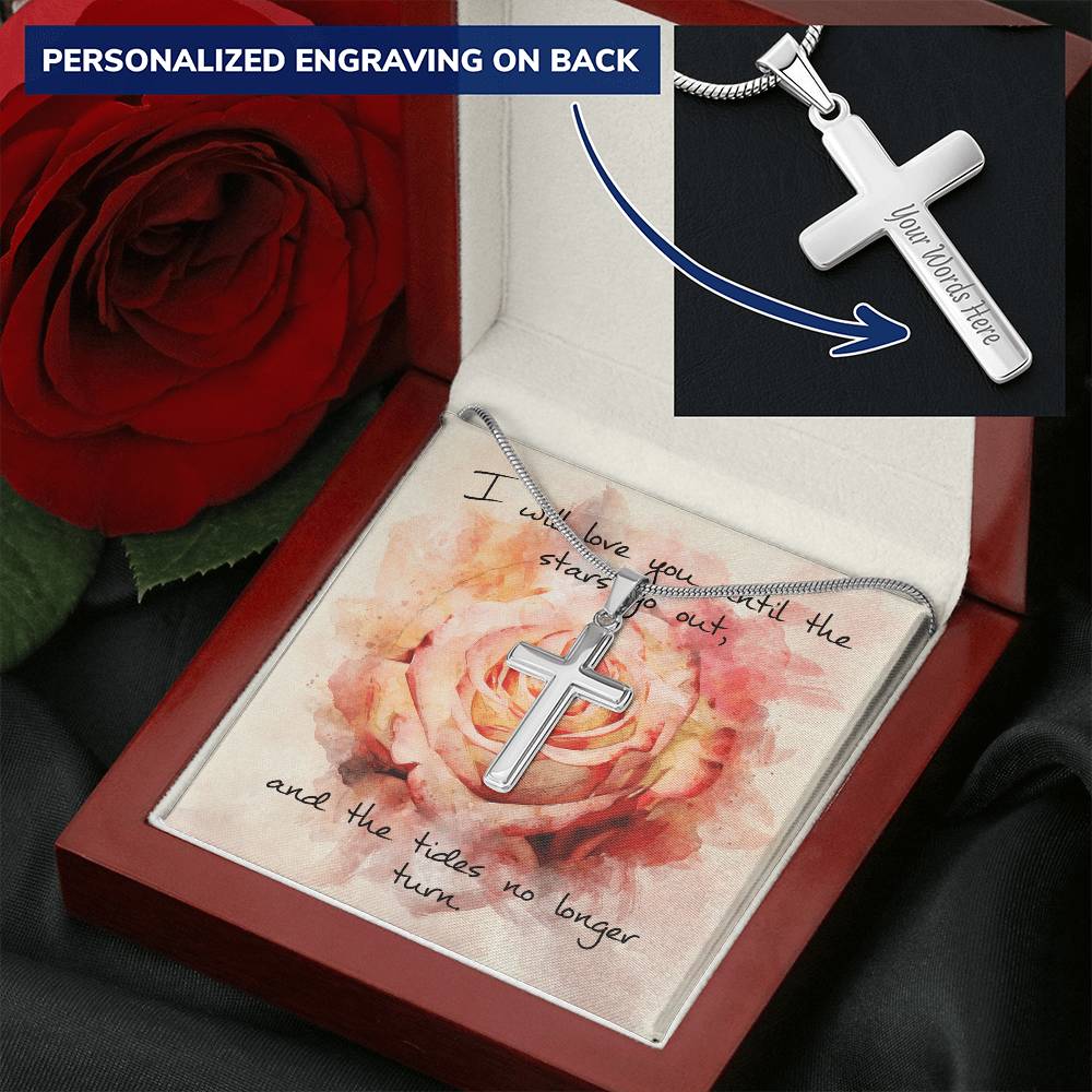 Cross Necklace - Engravable - Pink Rose Message Card Customize Engraved Cross Necklace
