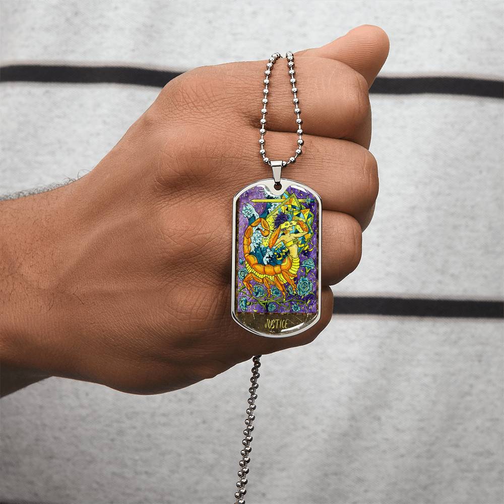 Tarot Card Necklace. Silver Or Gold. For Wiccans, Astrology, Zodiac, Spiritual, Best Friend. Boho. Justice Card - Army Tag Necklace, Dog Tag Necklace