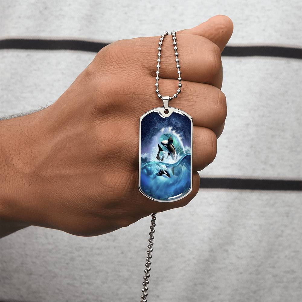 Silver Dolphin Necklace for Women & Girls - Nautical Themed Gift Idea - Dolphin Lover Jewelry - Beach Themed Ocean Related - Army Tag Necklace, Dog Tag Necklace