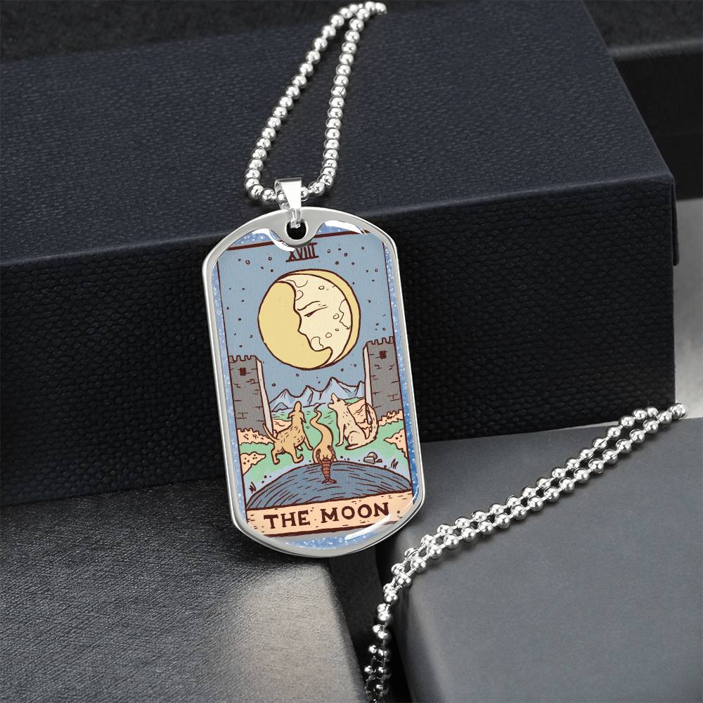 Tarot Card Necklace. Silver Or Gold. For Wiccans, Astrology, Zodiac, Spiritual, Best Friend. Boho. The Moon Card - Army Tag Necklace, Dog Tag Necklace