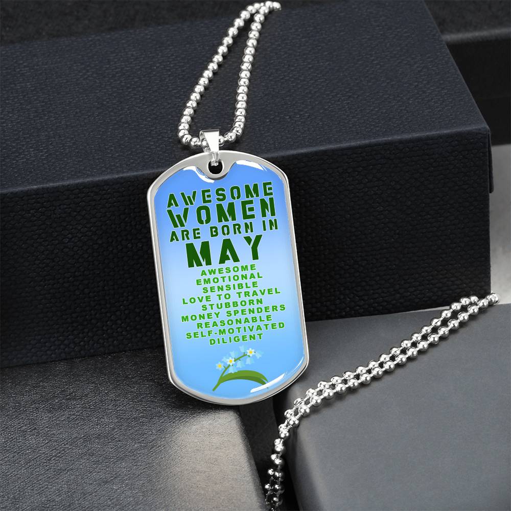 Awesome Women Are Born In May Luxury Necklace With Dog Tag Blue - Army Tag Necklace, Dog Tag Necklace