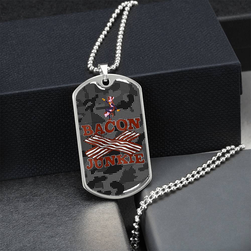 Funny Bacon Junkie Bacon Lover Carbon Fiber Camo Dog-Tag Necklace - Army Tag Necklace, Dog Tag Necklace