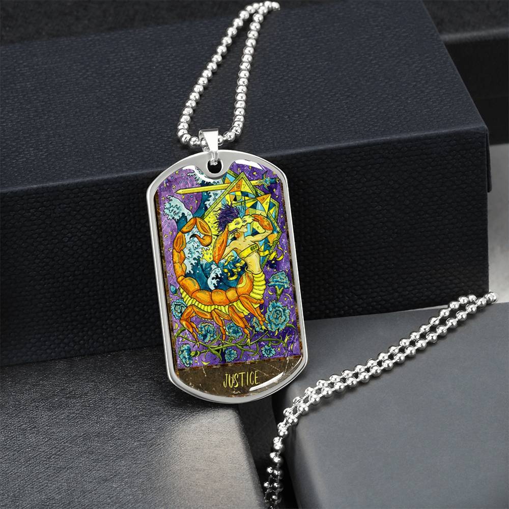 Tarot Card Necklace. Silver Or Gold. For Wiccans, Astrology, Zodiac, Spiritual, Best Friend. Boho. Justice Card - Army Tag Necklace, Dog Tag Necklace