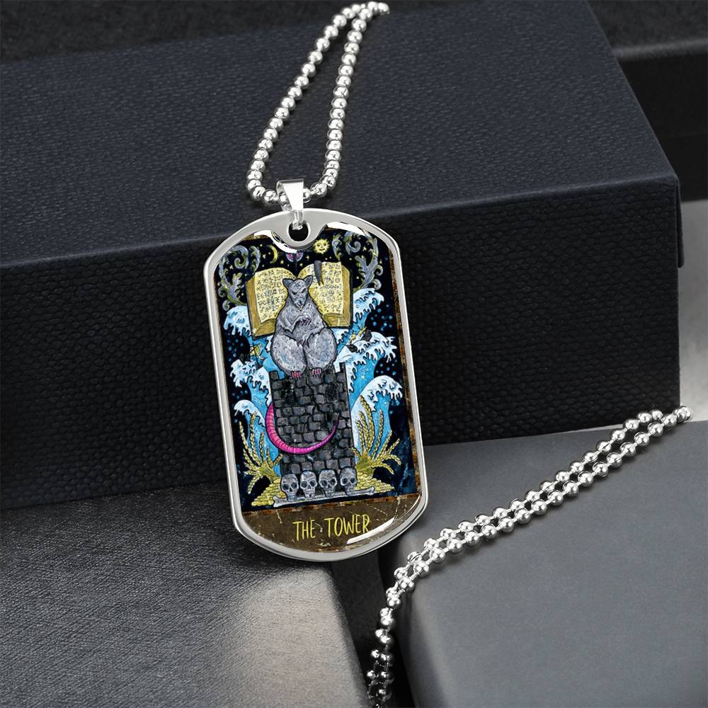 Tarot Card Necklace. Silver Or Gold. For Wiccans, Astrology, Zodiac, Spiritual, Best Friend. The Tower Card - Army Tag Necklace, Dog Tag Necklace