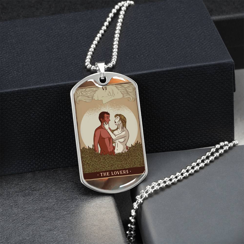 Tarot Card Necklace. Silver Or Gold. For Wiccans, Astrology, Zodiac, Spiritual, Best Friend. Boho. The Lovers Card - Army Tag Necklace, Dog Tag Necklace