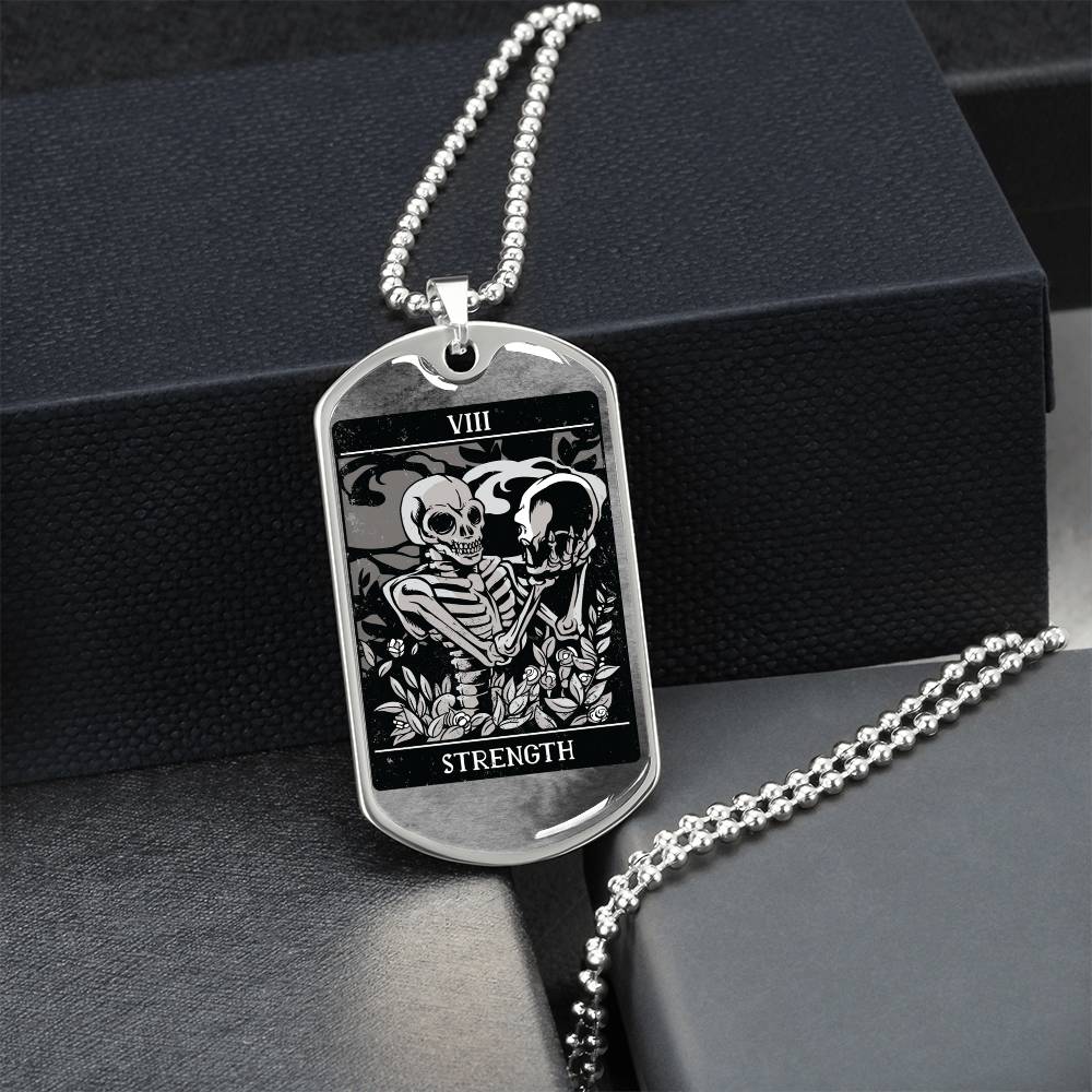 Tarot Card Necklace. Silver Or Gold. For Wiccans, Astrology, Zodiac, Spiritual, Best Friend. Boho. Strength Card - Army Tag Necklace, Dog Tag Necklace