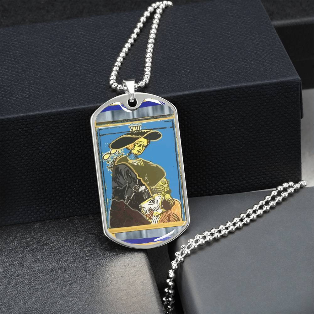 Tarot Card Strength Pendant Necklace In Gold Or Silver Finish - New Strength Tarot Card Jewelry Design - Army Tag Necklace, Dog Tag Necklace