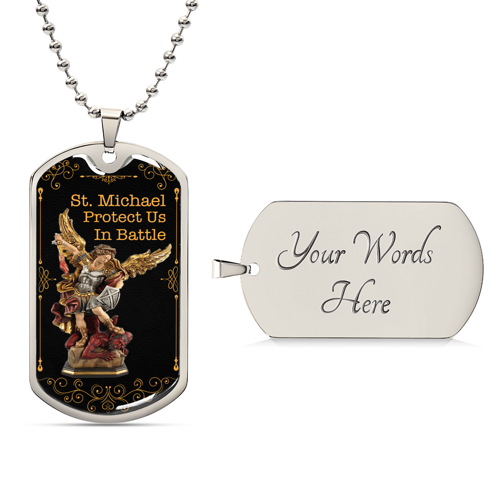 Men's Bronze Archangel St. Michael Shield Necklace, Antiqued Brass Chain, St Michael Protect Us In Battle Police Dog Tag - Army Tag Necklace, Dog Tag Necklace