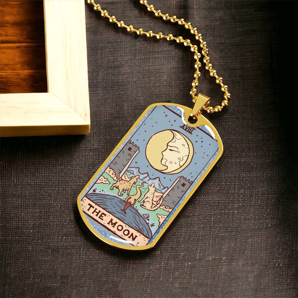 Tarot Card Necklace. Silver Or Gold. For Wiccans, Astrology, Zodiac, Spiritual, Best Friend. Boho. The Moon Card - Army Tag Necklace, Dog Tag Necklace