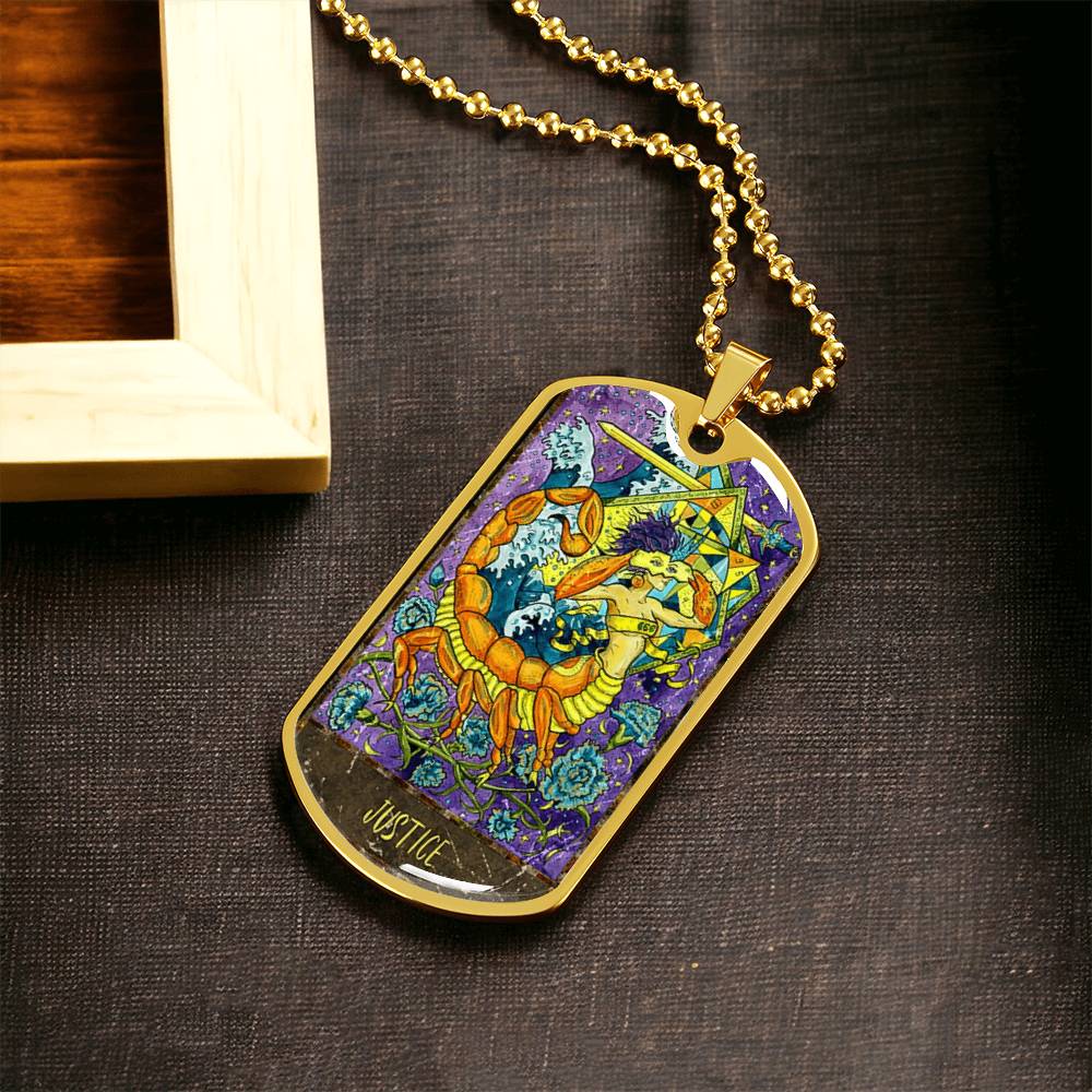 Tarot Card Necklace. Silver Or Gold. For Wiccans, Astrology, Zodiac, Spiritual, Best Friend. Boho. Justice Card - Army Tag Necklace, Dog Tag Necklace