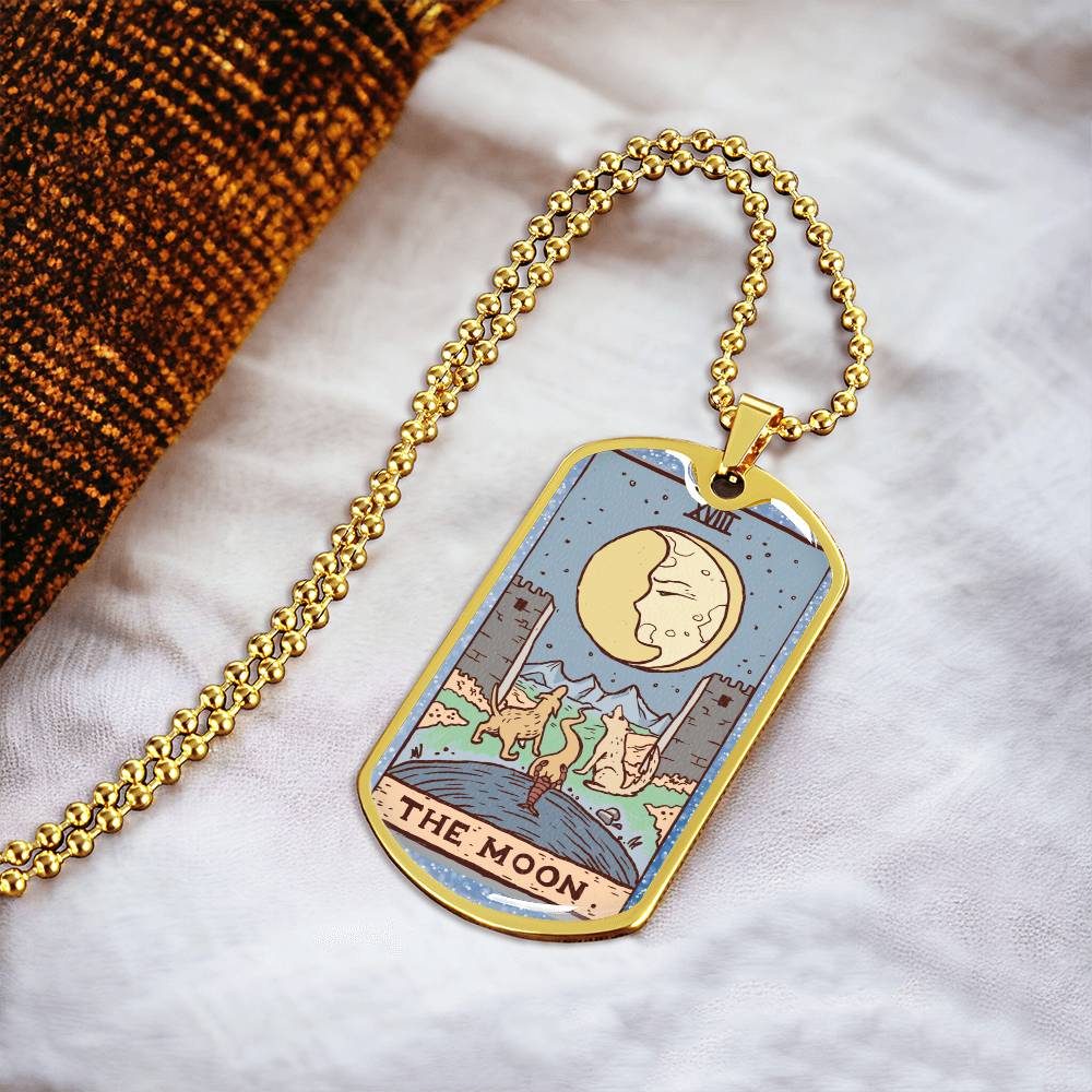 Tarot Card Necklace. Silver Or Gold. For Wiccans, Astrology, Zodiac, Spiritual, Best Friend. Boho. The Moon Card - Army Tag Necklace, Dog Tag Necklace
