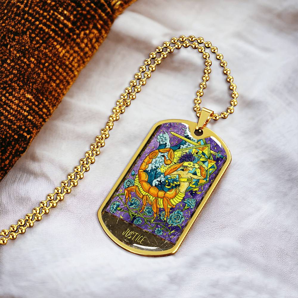 Tarot Card Necklace. Silver Or Gold. For Wiccans, Astrology, Zodiac, Spiritual, Best Friend. Boho. Justice Card - Army Tag Necklace, Dog Tag Necklace