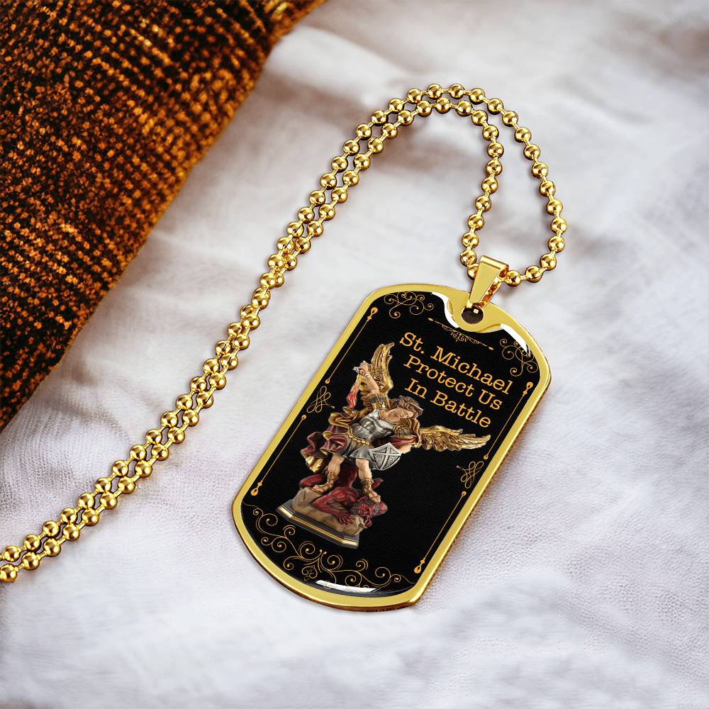 Men's Bronze Archangel St. Michael Shield Necklace, Antiqued Brass Chain, St Michael Protect Us In Battle Police Dog Tag - Army Tag Necklace, Dog Tag Necklace
